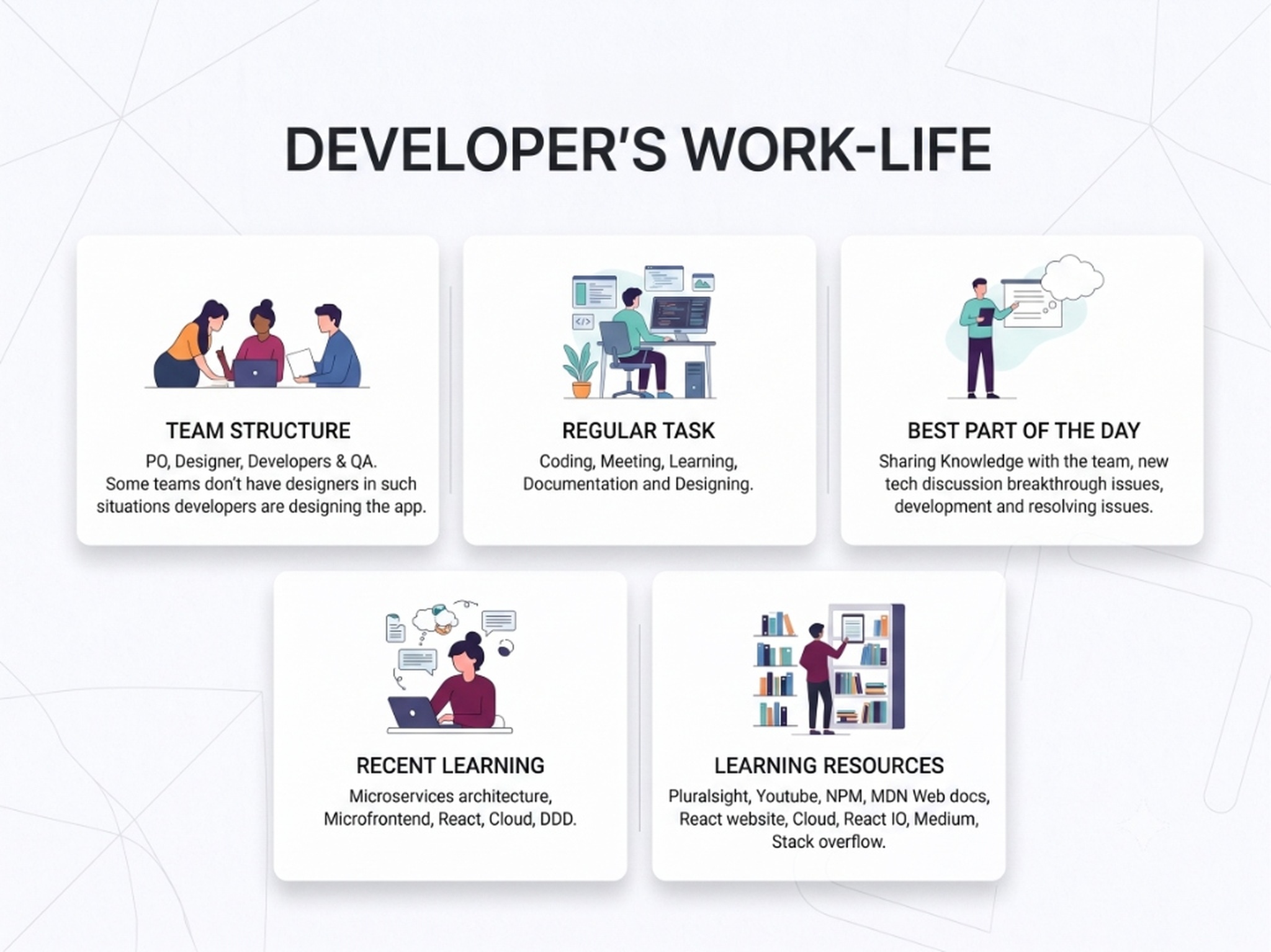 Developer Work-Life breakdown: Team Structure, Regular Task, Best Part of the Day, Recent Learning, Learning Resources